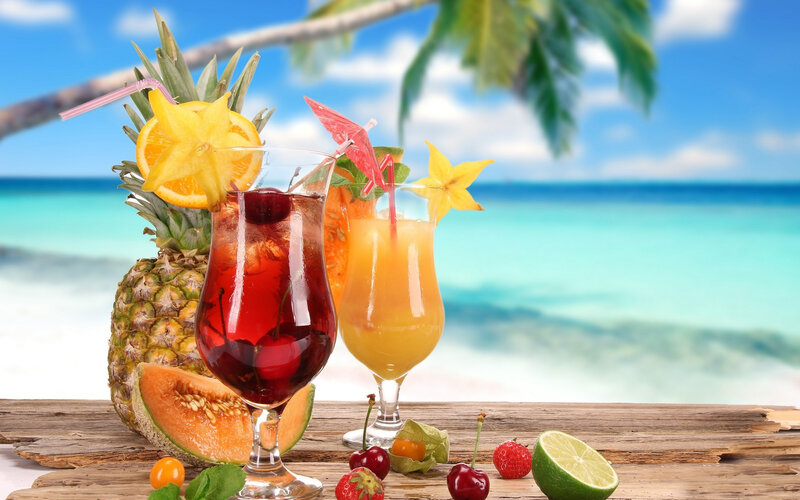 Tropical Drinks on Beach — Blue, Relaxed, Afternoon