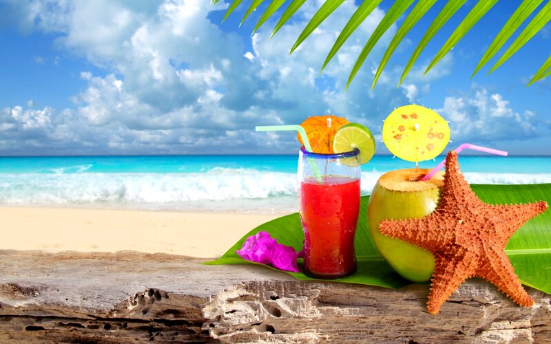 Tropical Drinks on Beach — Blue, Relaxing, Afternoon, Photograph