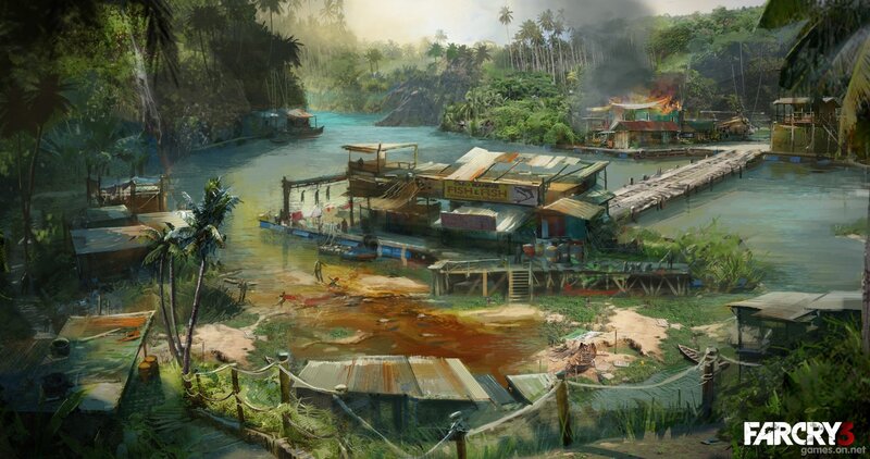 tropical fishing village scene
