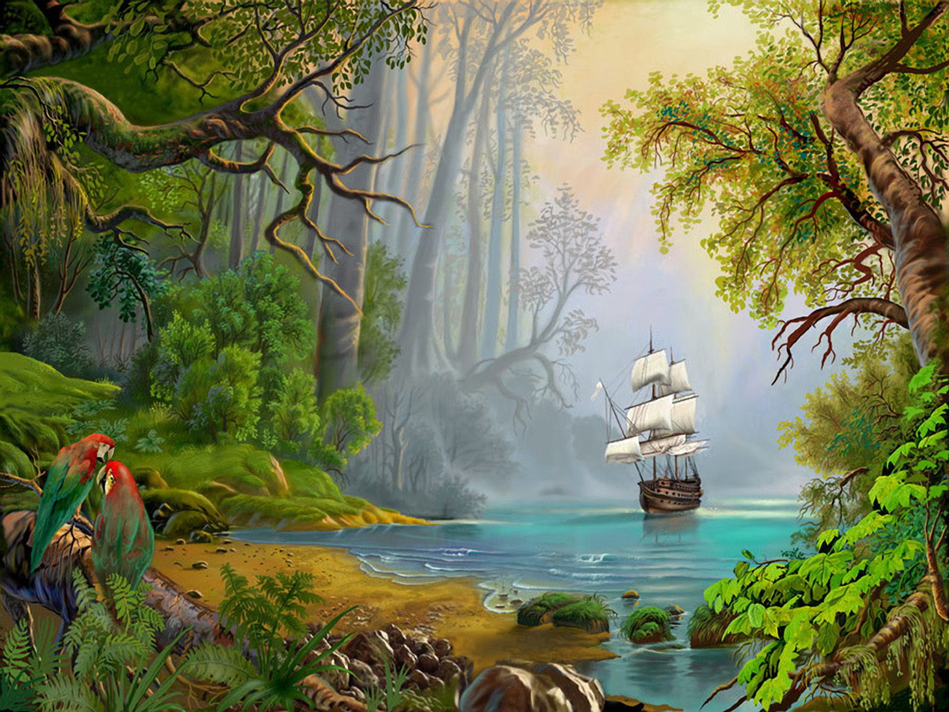 Tropical forest with sailing ship