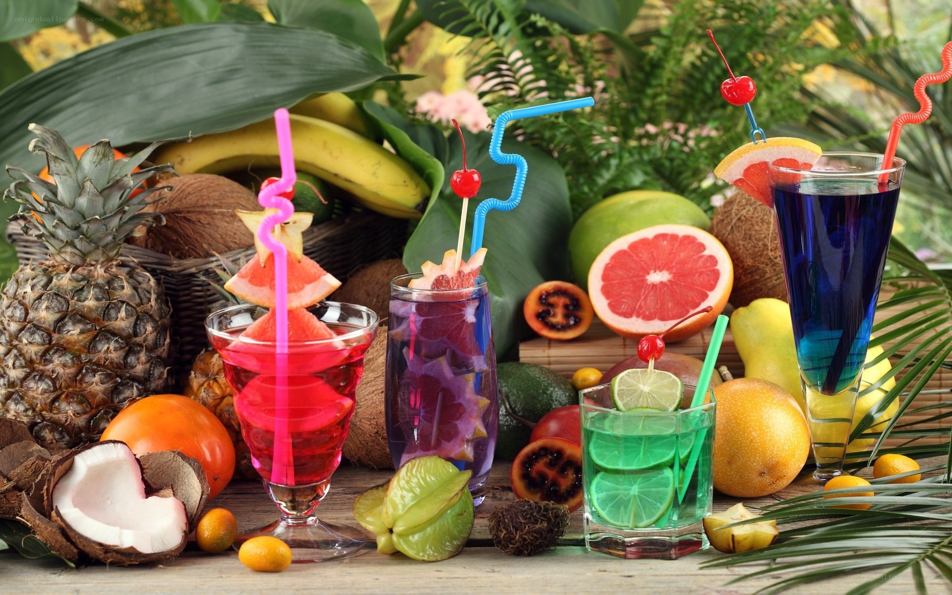 tropical fruit drinks and fruits