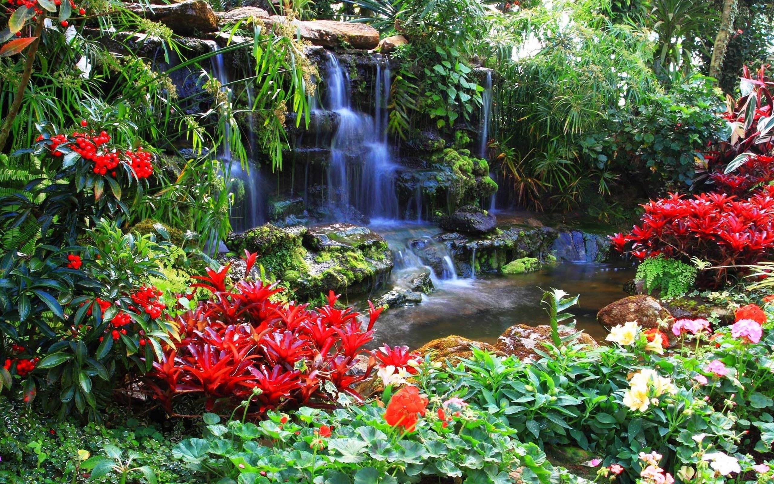 Tropical garden waterfall
