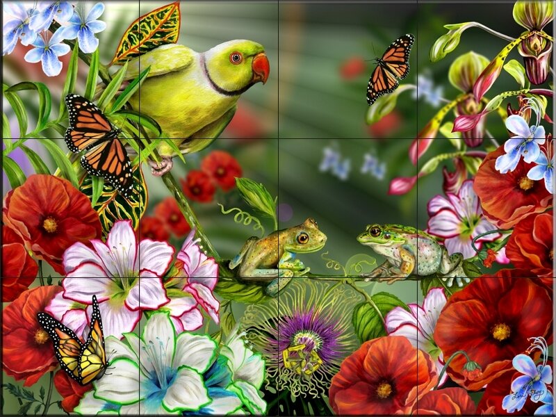 Tropical Garden with Birds and Butterflies