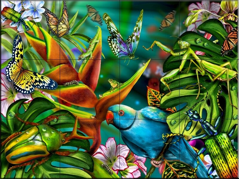 tropical garden with birds and insects