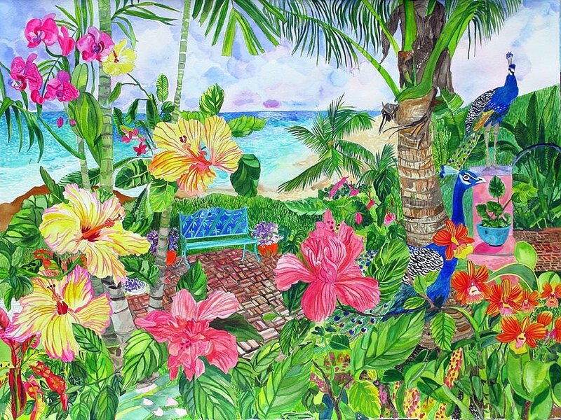 Tropical Garden with Peacocks