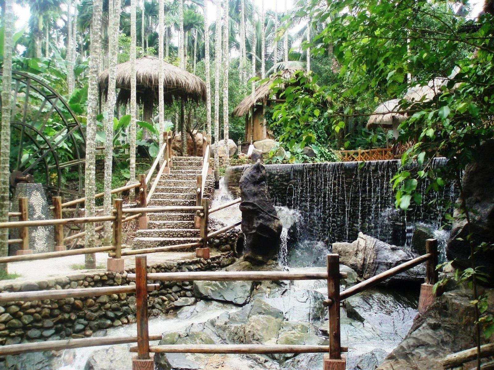 Tropical garden with waterfall