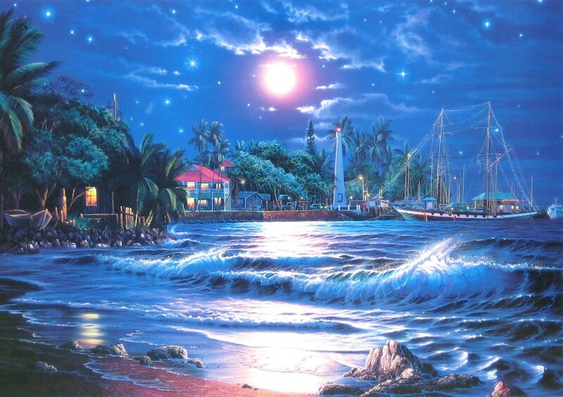 Tropical Harbor at Night — Blue