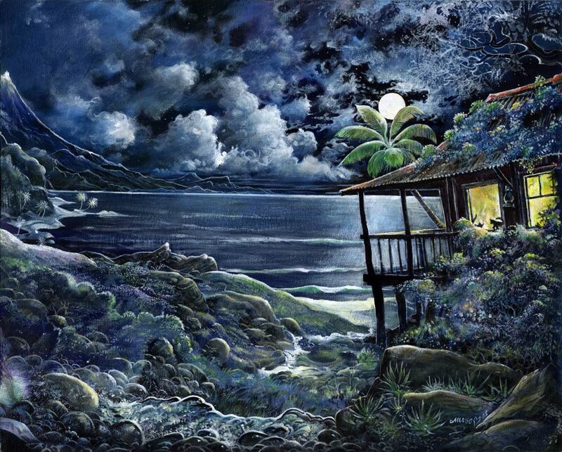 Tropical Hut at Night — Blue
