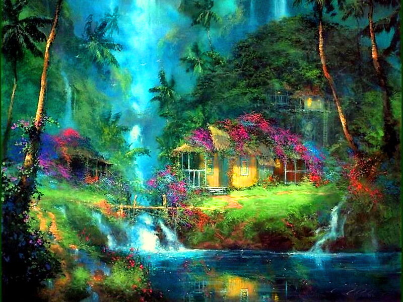 Tropical Hut by Waterfall — Green