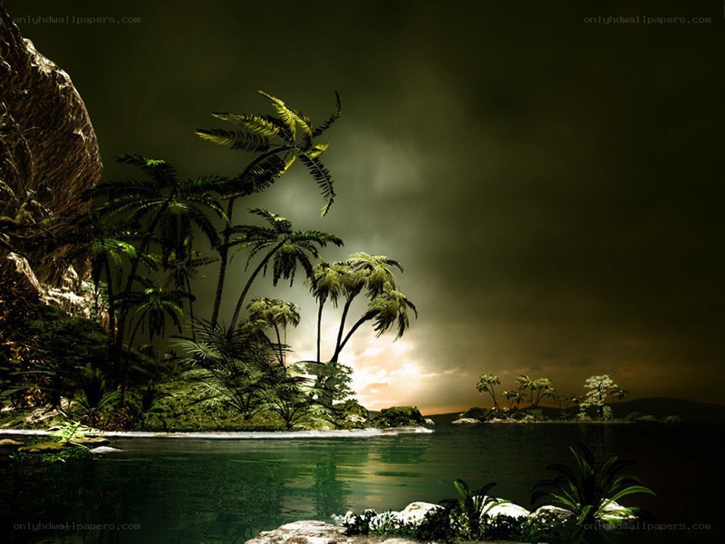tropical island at dusk