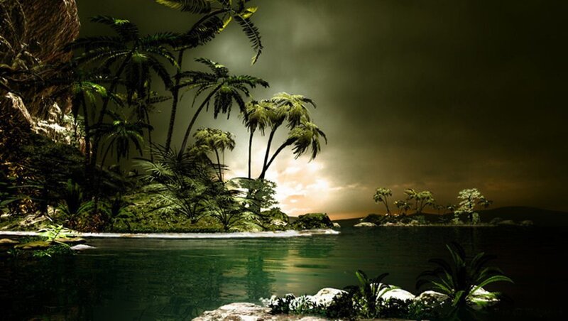 Tropical Island at Dusk — Green, Dramatic