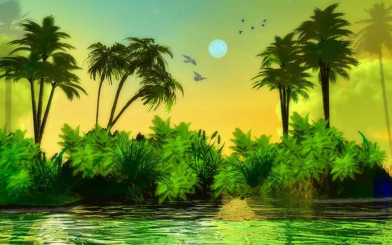 Tropical Island at Dusk — Green, Serene, Sunset