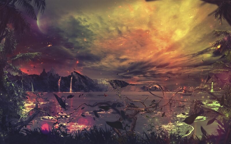 Tropical Island at Dusk — Orange, Dramatic