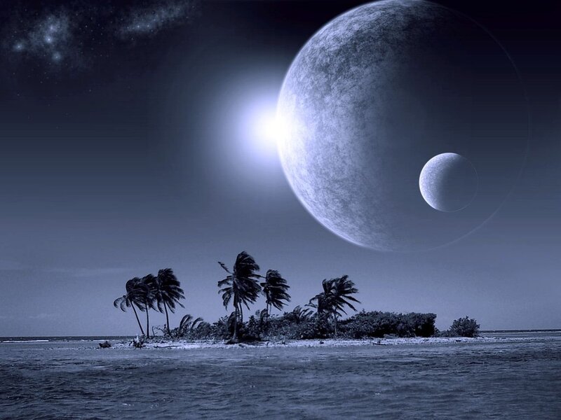 Tropical Island at Night — Blue, Dramatic, Digital Art, Palm Trees