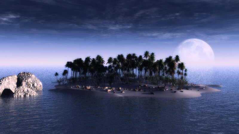 Tropical Island at Night — Blue, Serene, 3d Render, Palm Trees, Moon