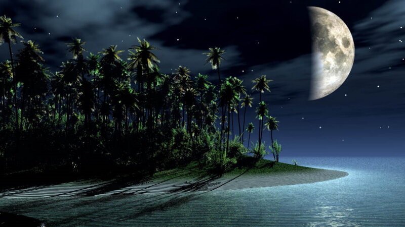 Tropical Island at Night — Blue, Serene, Digital Art, Moon, Palm Trees, Ocean