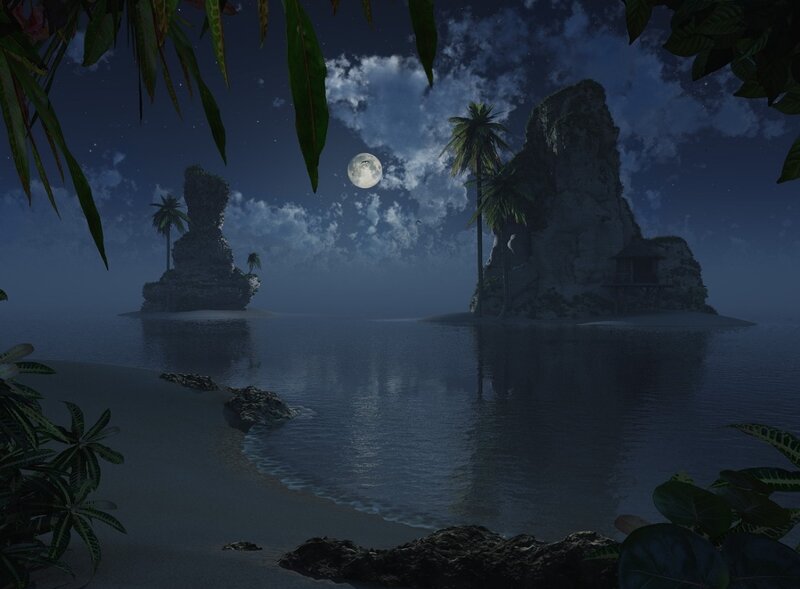 Tropical Island at Night — Blue, Serene, Digital Art, Moon, Palm Trees, Rocks