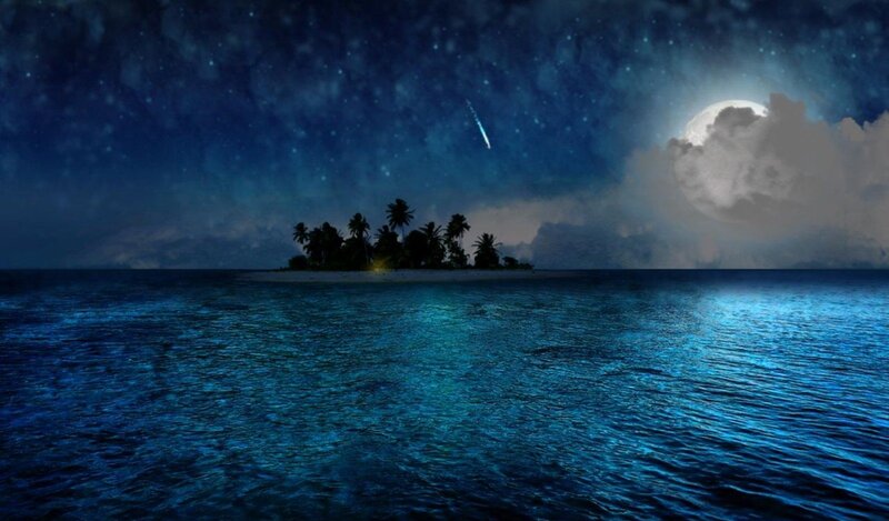Tropical Island at Night — Blue, Serene, Digital Art, Moon, Stars, Comet