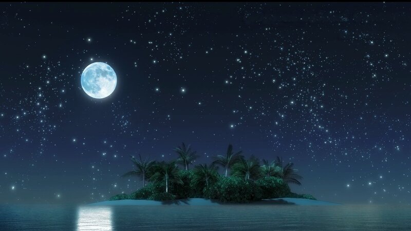 Tropical Island at Night — Blue, Serene, Digital Art, Moon, Stars, Ocean