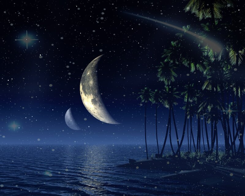 Tropical Island at Night — Blue, Serene, Digital Art, Moon, Stars