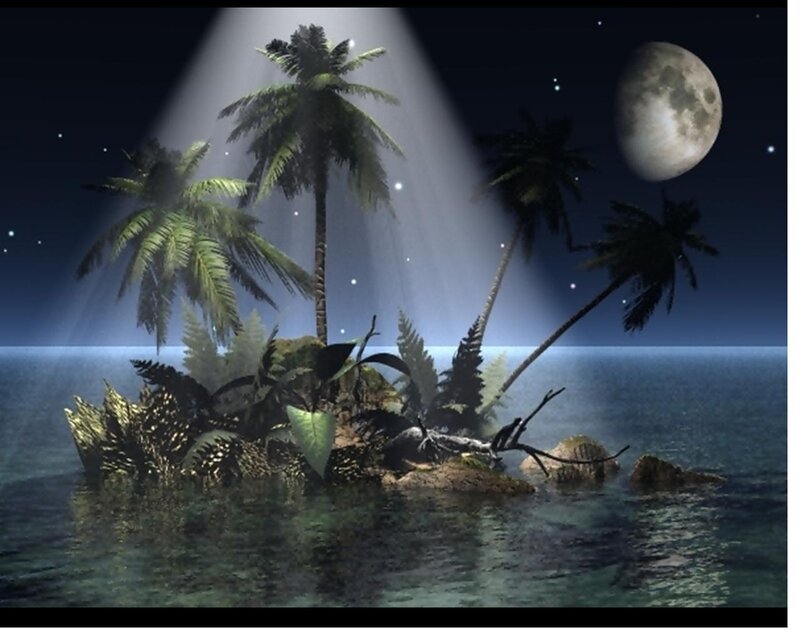 Tropical Island at Night — Blue, Serene, Digital Art, Palm Trees, Moon, Ocean