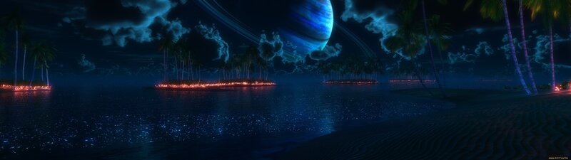 Tropical Island at Night — Blue, Serene, Digital Art, Palm Trees, Planet