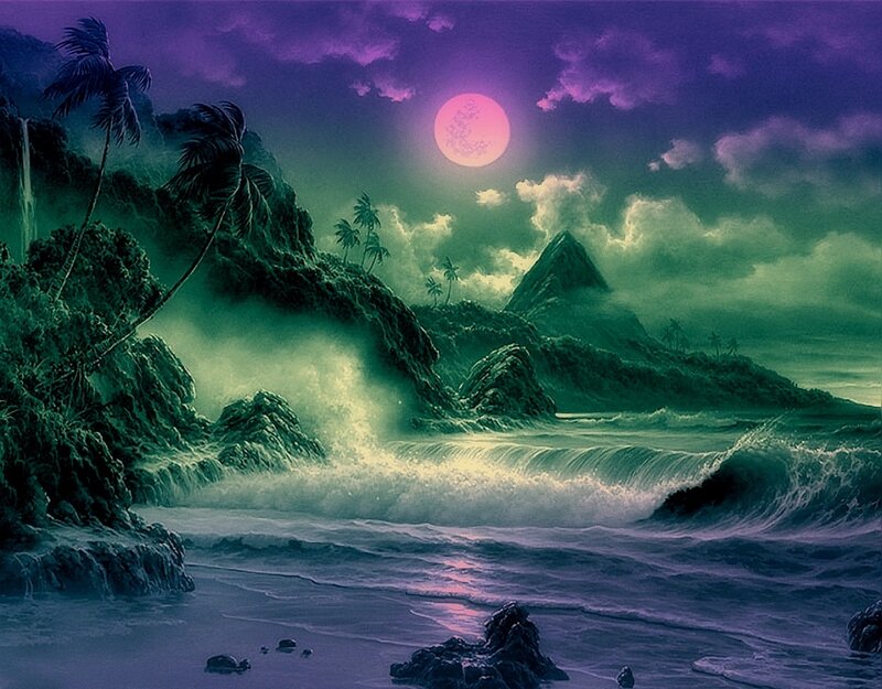 Tropical Island at Night — Purple, Dramatic, Digital Art