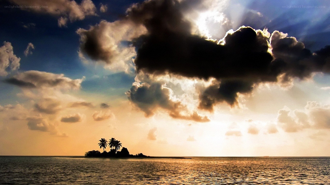 tropical island at sunset