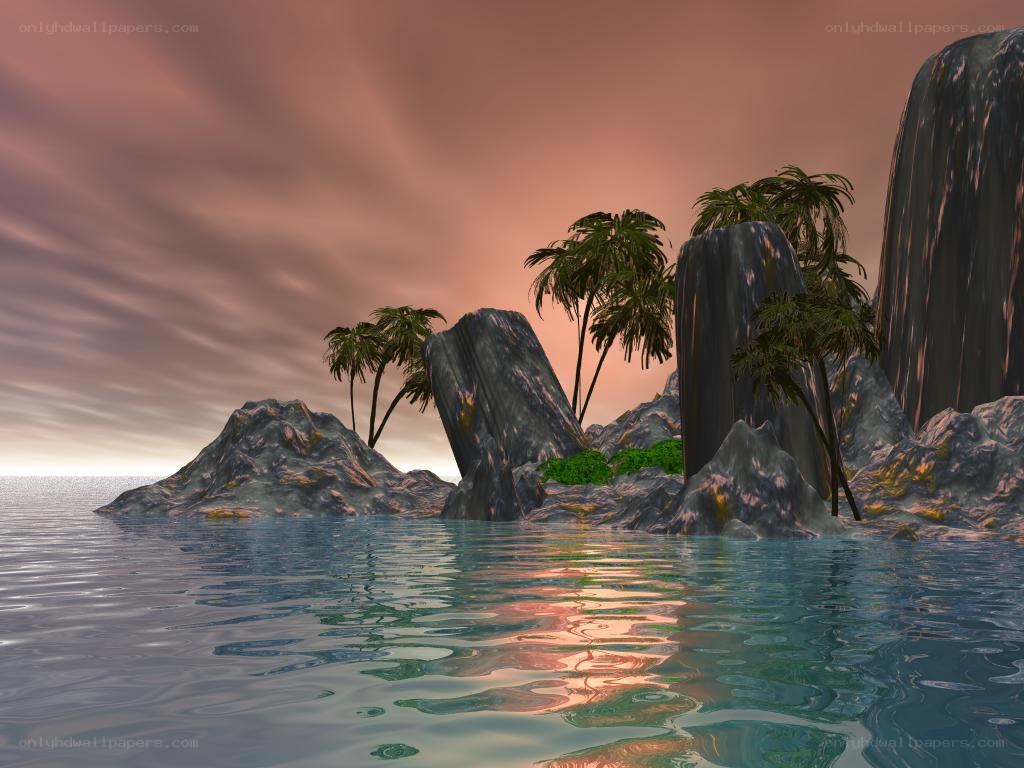 tropical island at sunset
