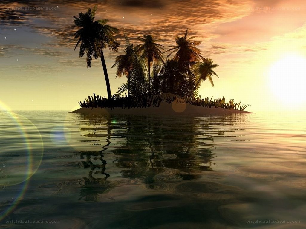 tropical island at sunset