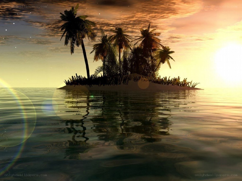 tropical island at sunset