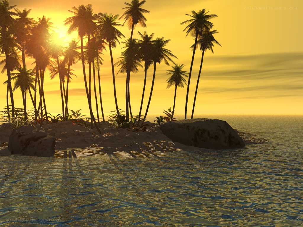 tropical island at sunset