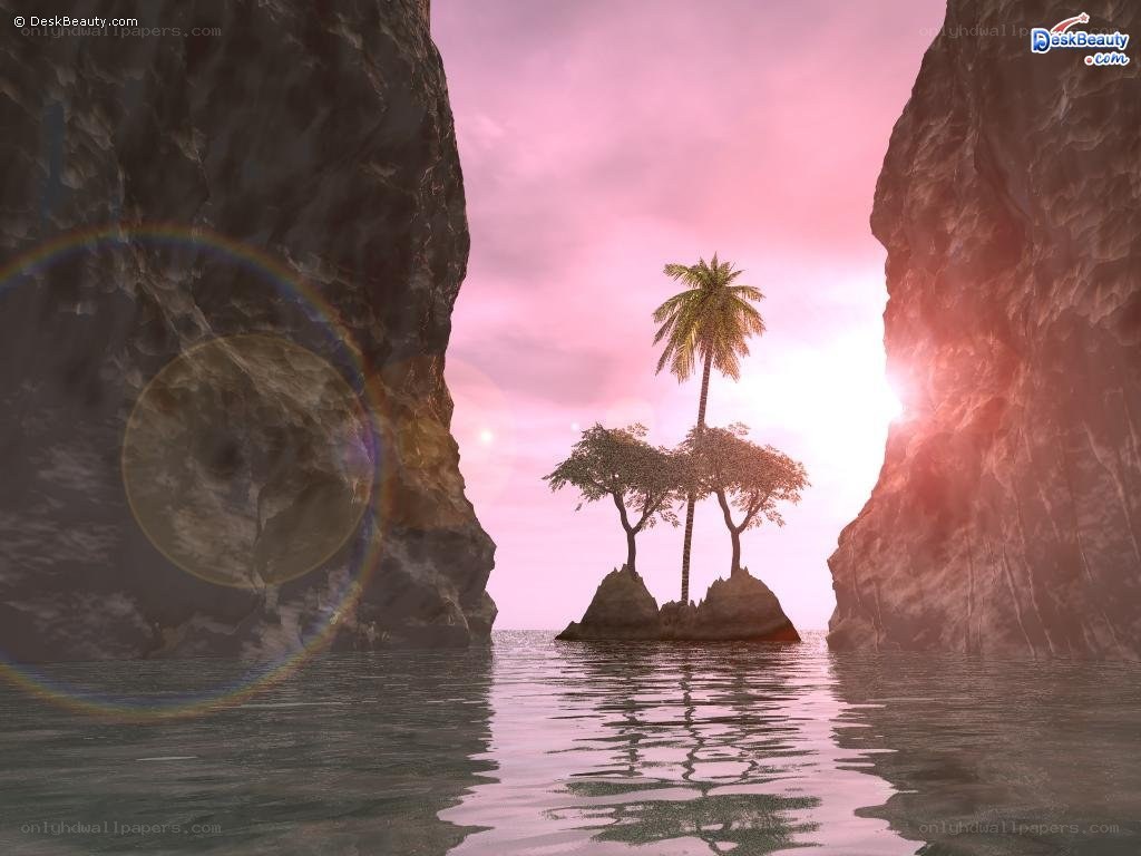tropical island at sunset