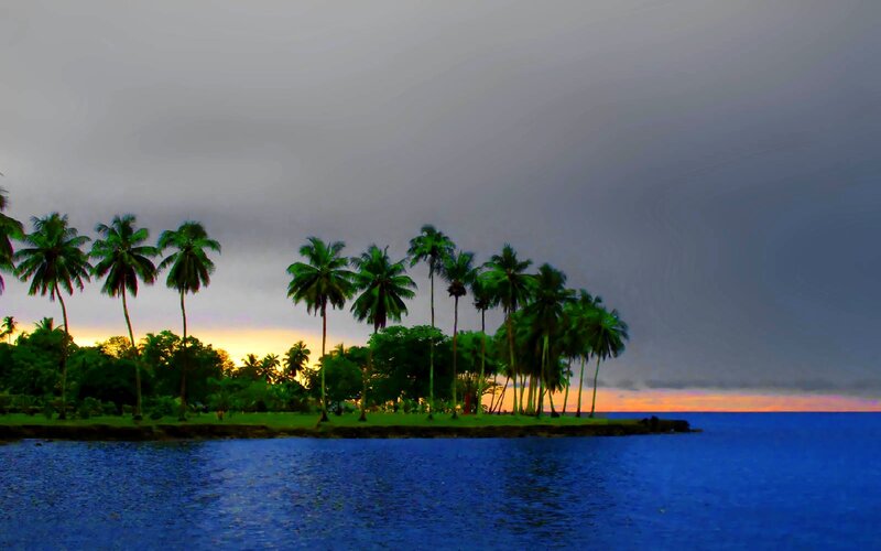 tropical island at sunset