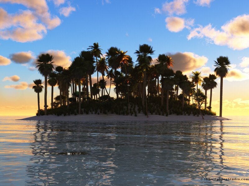 tropical island at sunset