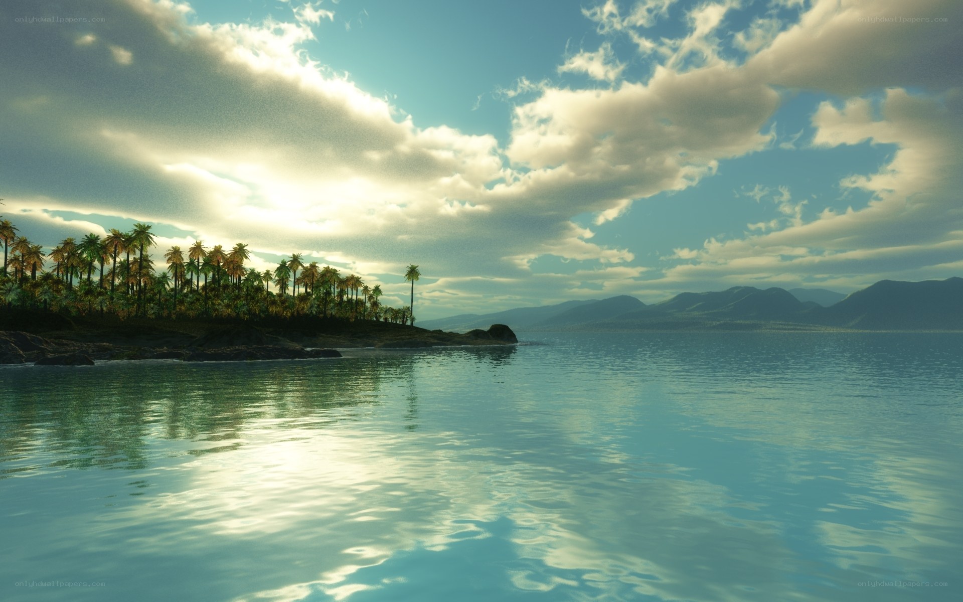 tropical island at sunset