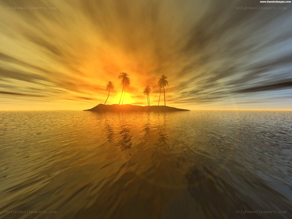 tropical island at sunset