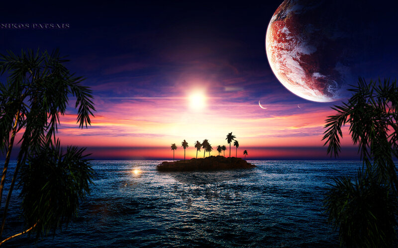 Tropical Island at Sunset — Blue, Dramatic, Digital Art