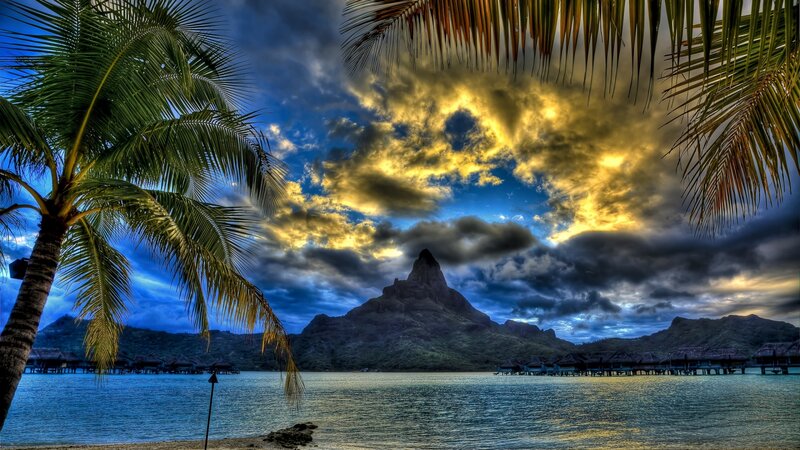 Tropical Island at Sunset — Blue, Dramatic, Photograph, Palm Trees, Mountain