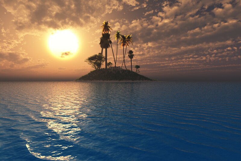 Tropical Island at Sunset — Blue, Serene, 3d Render, Palm Trees