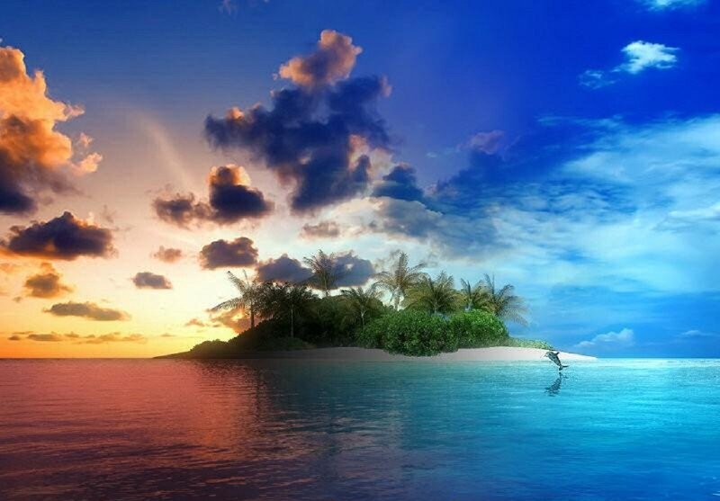 Tropical Island at Sunset — Blue, Serene, Digital Art