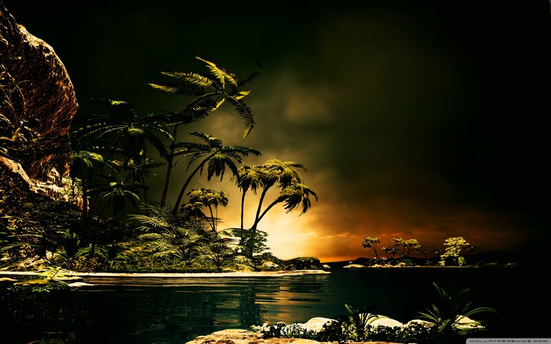 Tropical Island at Sunset — Green, Dramatic, Digital Art