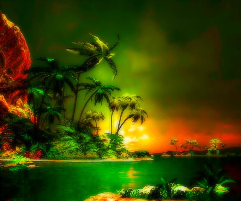 Tropical Island at Sunset — Green, Dramatic