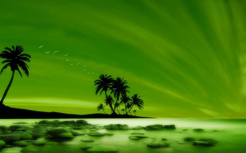 Tropical Island at Sunset — Green, Serene