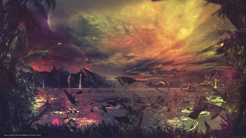 Tropical Island at Sunset — Orange, Dramatic, Digital Art, Palm Trees
