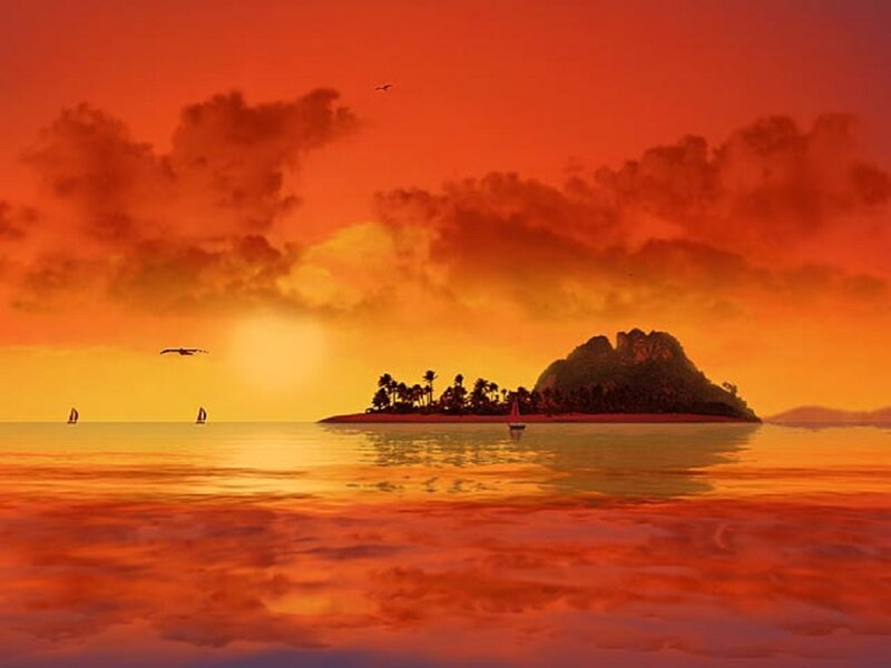 Tropical Island at Sunset — Orange, Dramatic, Digital Art, Sailboats