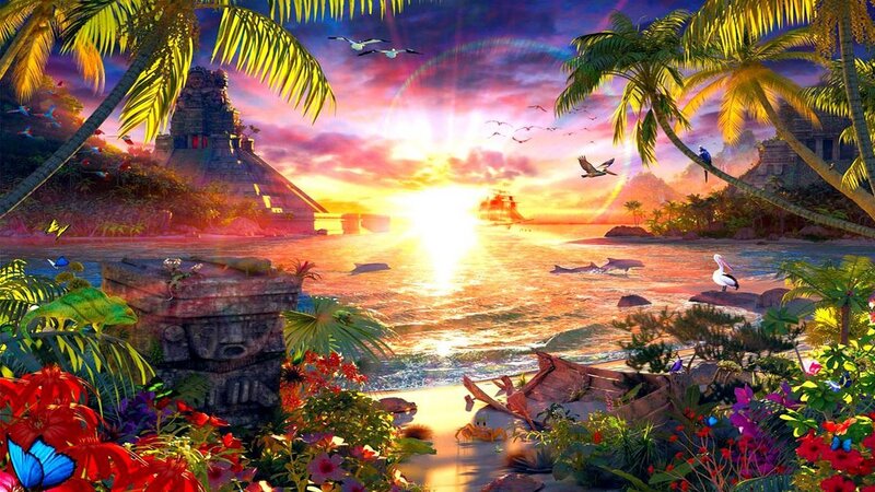 Tropical Island at Sunset — Orange, Dramatic, Digital Art