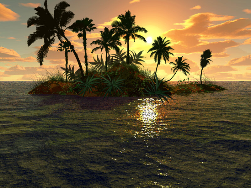 Tropical Island at Sunset — Orange, Serene, 3d Render, Palm Trees