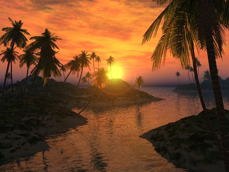 Tropical Island at Sunset — Orange, Serene, 3d Render