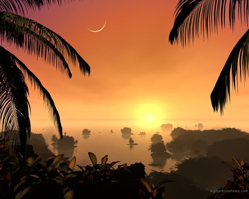 Tropical Island at Sunset — Orange, Serene, Digital Art, Palm Trees, Moon